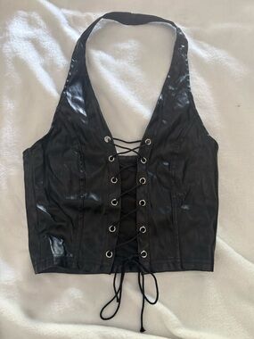 Black Faux Leather Lace-Up Vest - Women's Jacket